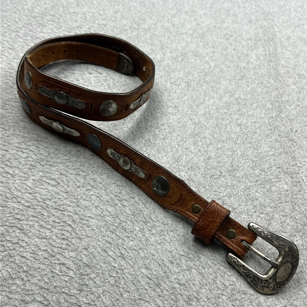 California Billy Belt Mens 34 Brown Leather Concho Western Engraved Buckle 1993